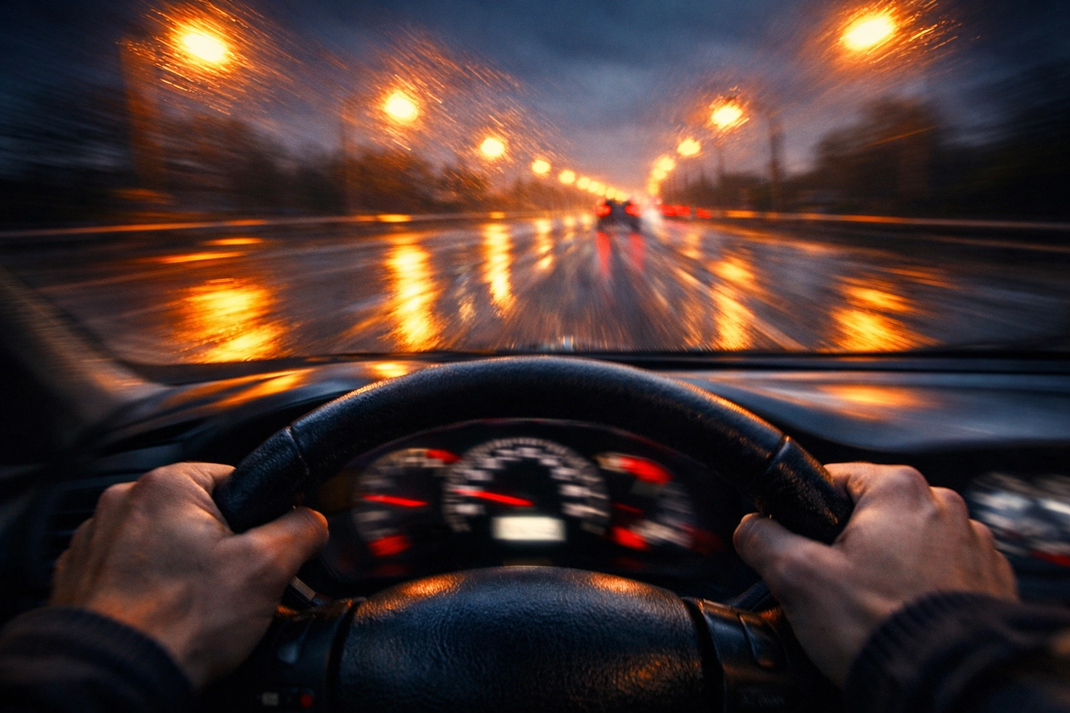 Driver’s view of a wet road at night, illustrating hydroplaning and why you need new tires for safety.