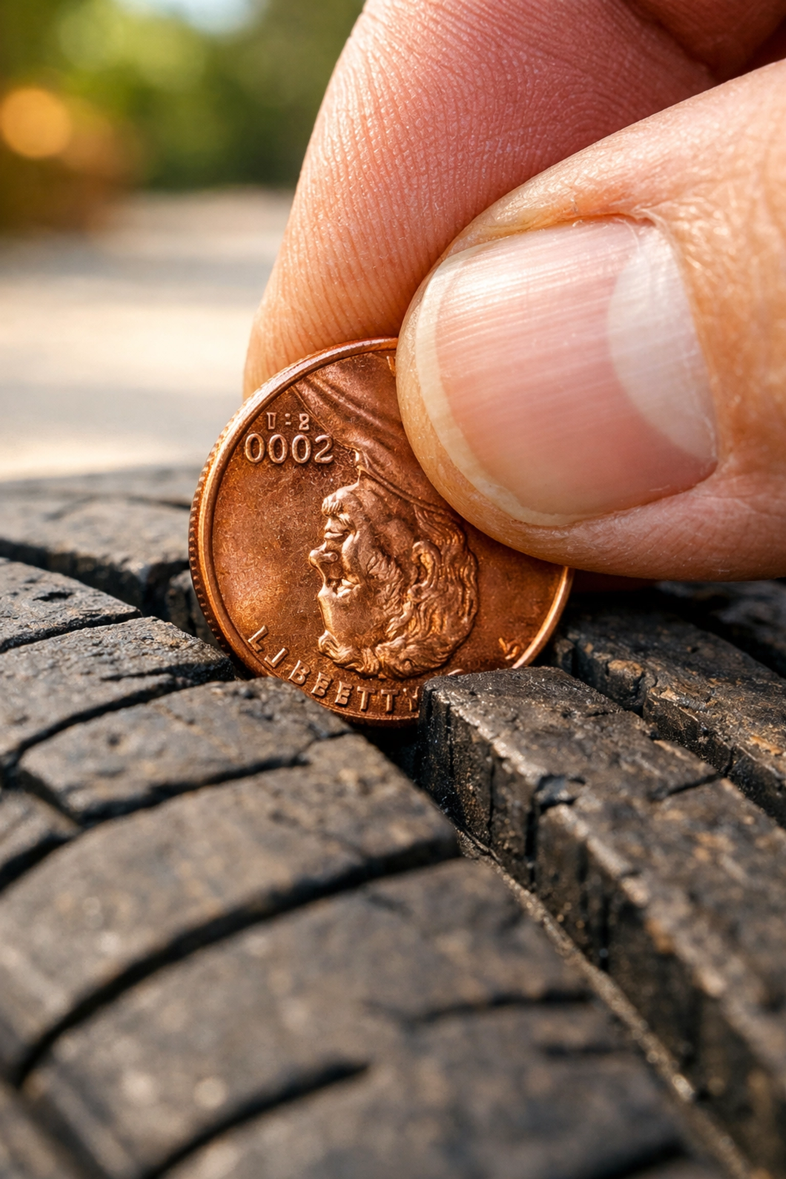 A person performing the penny test to check tire tread depth and determine when to replace tires.
