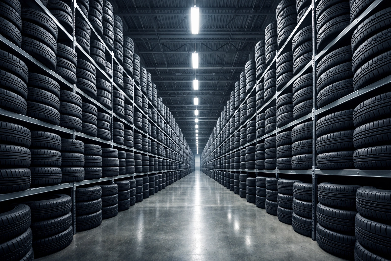 Massive inventory of brand-new tires stacked in the warehouse at Mike's Pit Stop in Parlin, NJ.