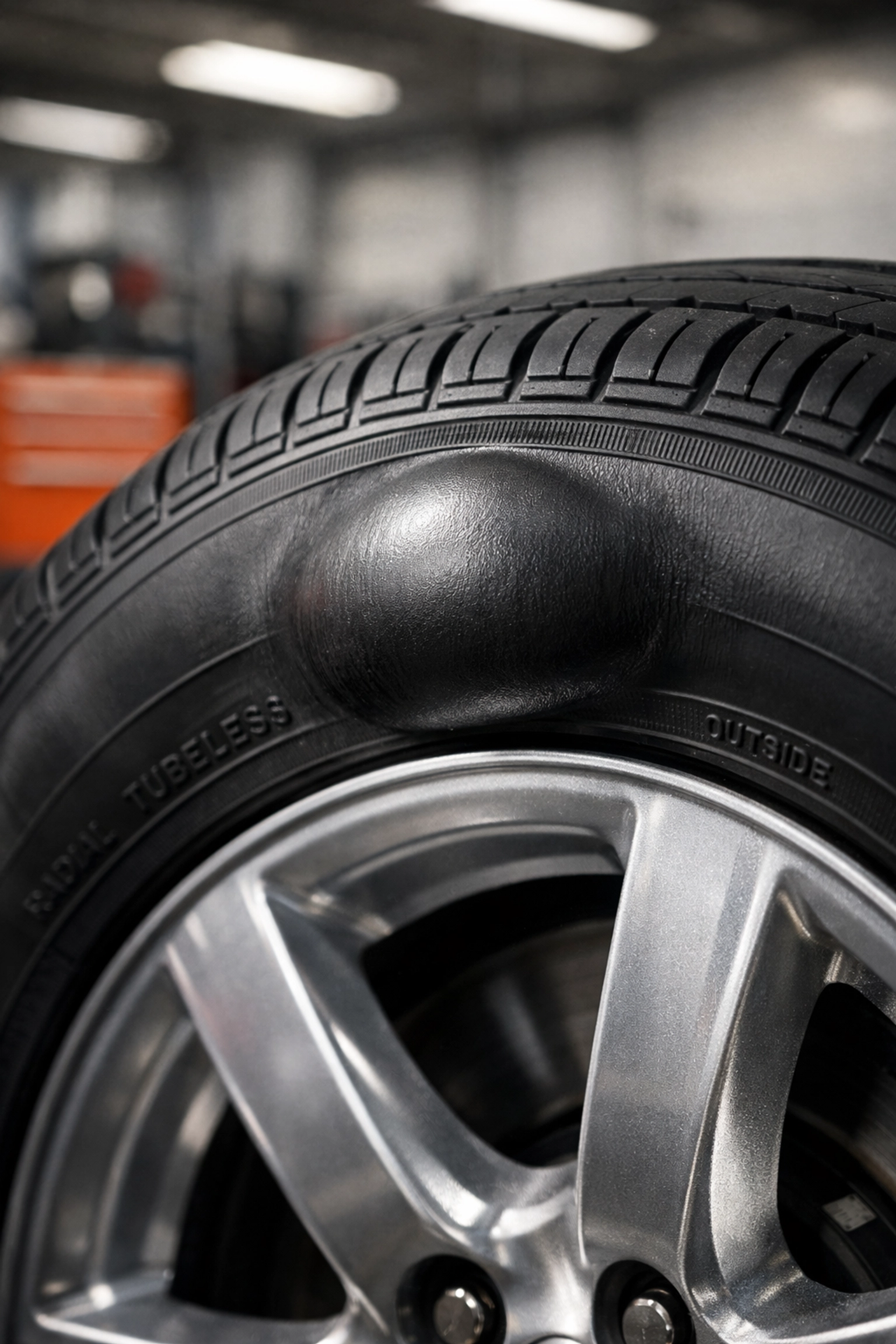 Close-up of a dangerous bulge on a tire sidewall indicating internal structural damage and safety risk.