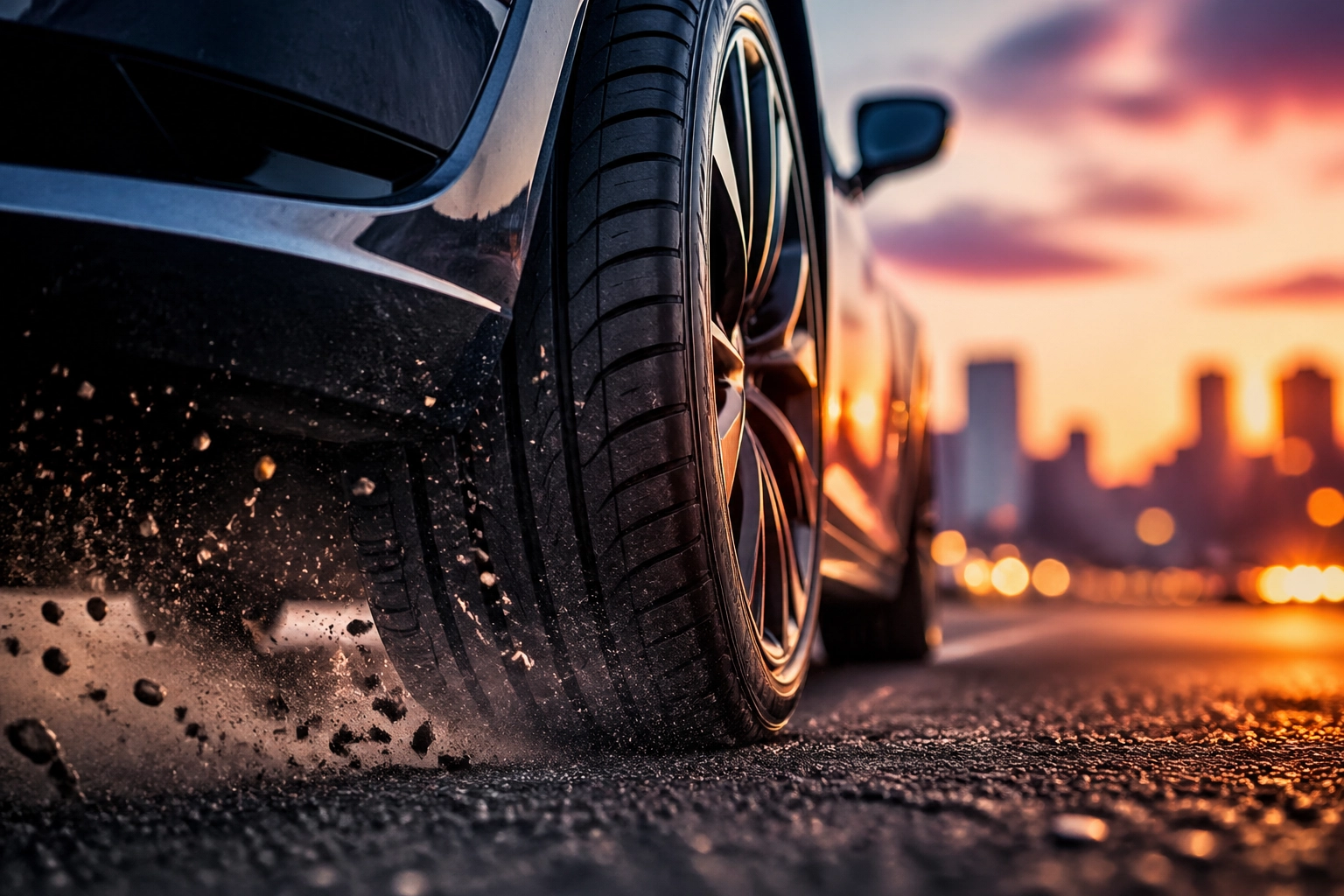 Close-up of an EV tire gripping the road to handle instant torque and prevent fast tread wear.