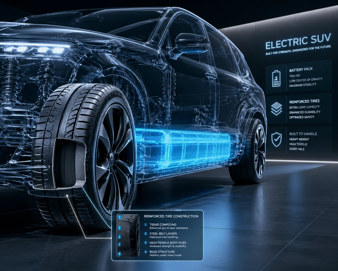 Reinforced EV tire sidewall supporting the weight of a heavy electric vehicle battery pack.
