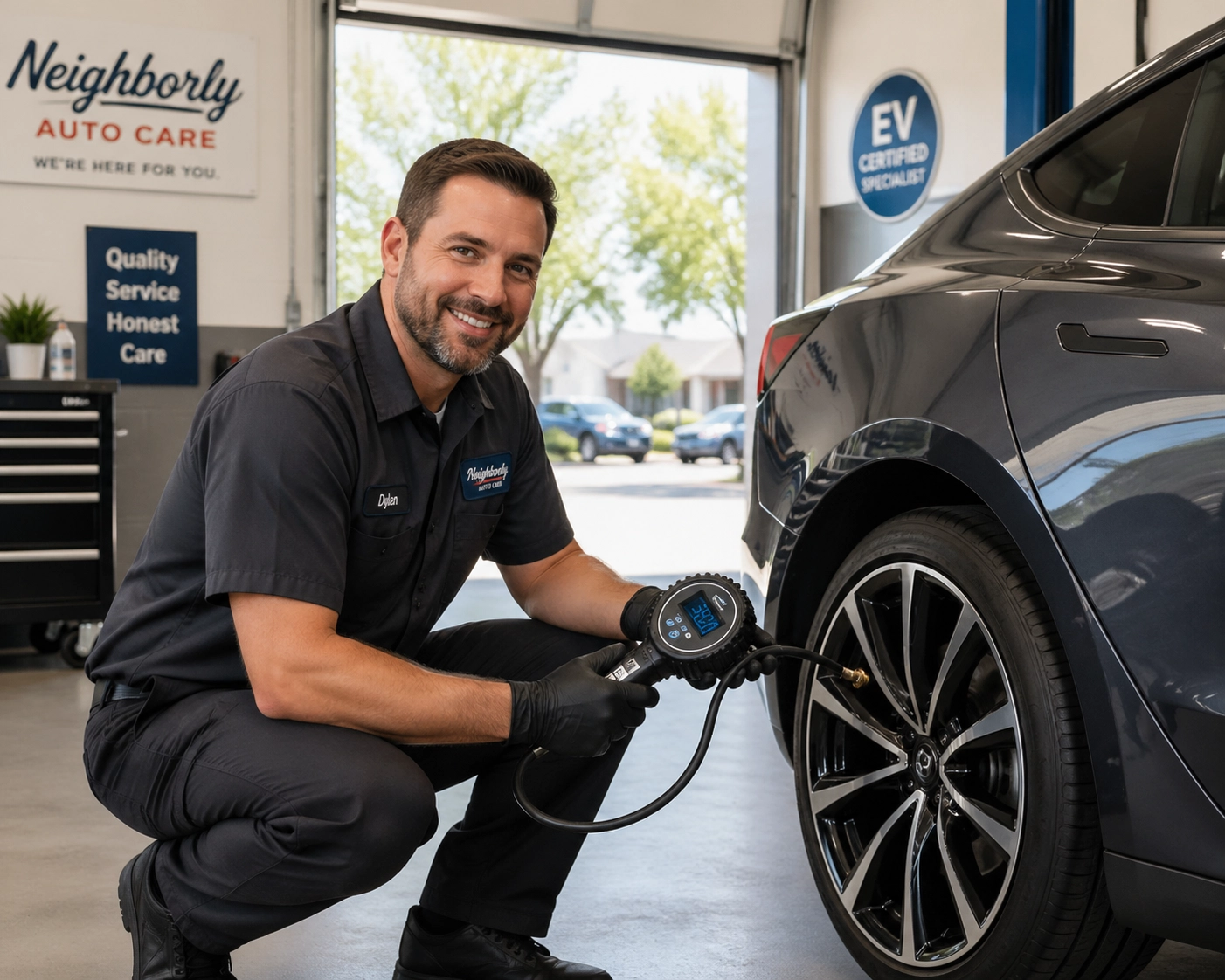 Professional mechanic at Mike's Pit Stop performing a tire pressure check on an electric car.