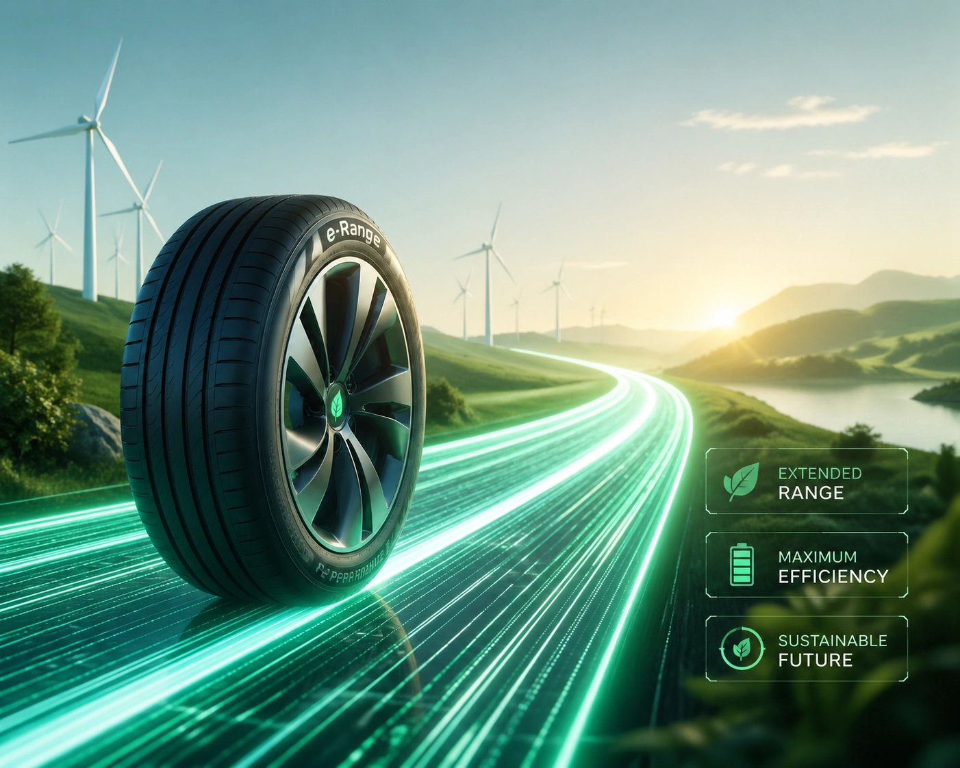 Electric vehicle tire designed for low rolling resistance to maximize battery range and efficiency.